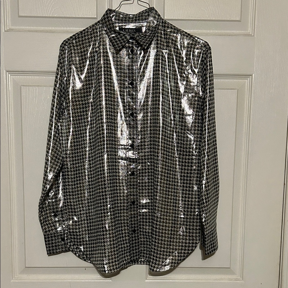 Lauren Ralph Lauren Black & White Houndstooth Glossy Button-Down Shirt